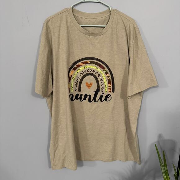 NEW Tonfent Auntie Aunt Short Sleeve Tee Shirt Plus Size 3XL Light Tan w/ Camo - Picture 1 of 6